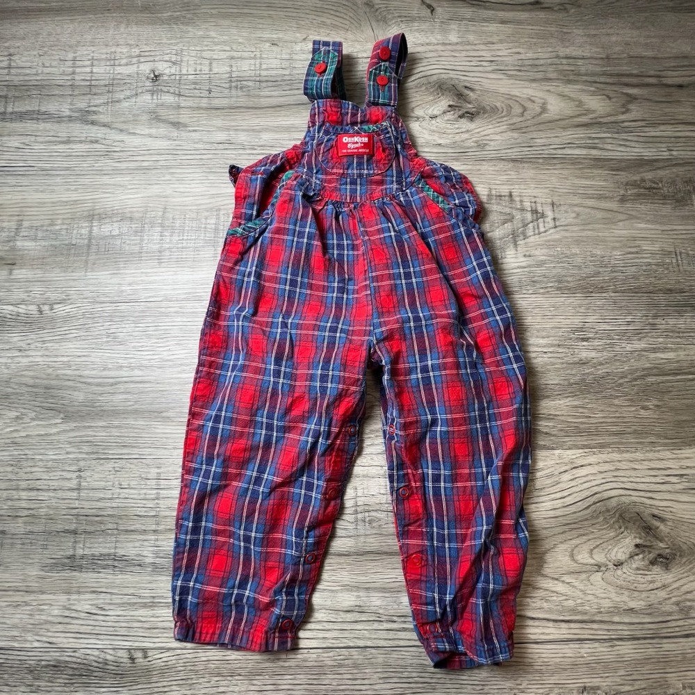 OshKosh B'gosh Overalls Toddler 3T Red Blue Plaid Vintage Made in USA Bibs Bow